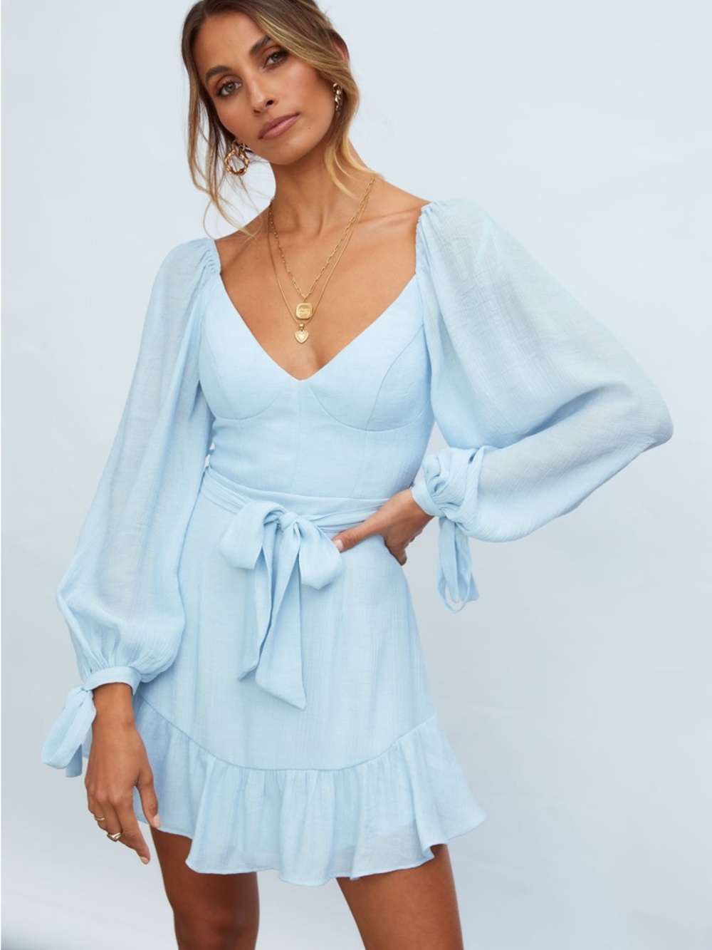 Hello Molly Light Blue Puff-Sleeve Tie-Waist Macey Mini Dress